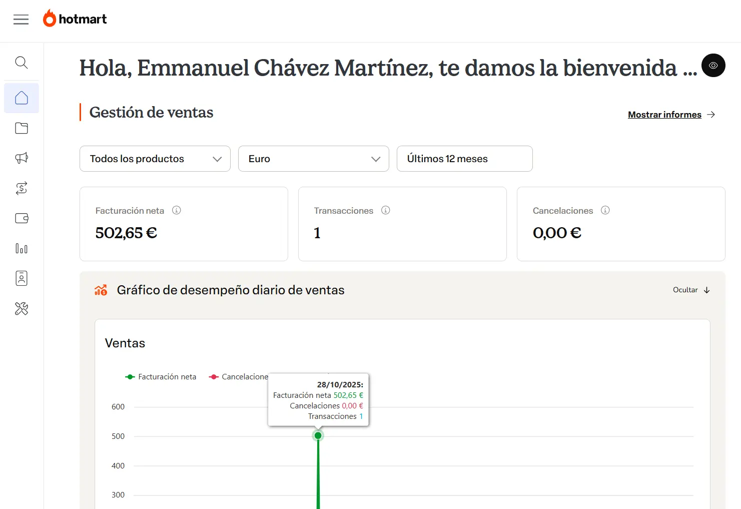 Comisión de 502,65 € de Partner 360 en el panel de Hotmart