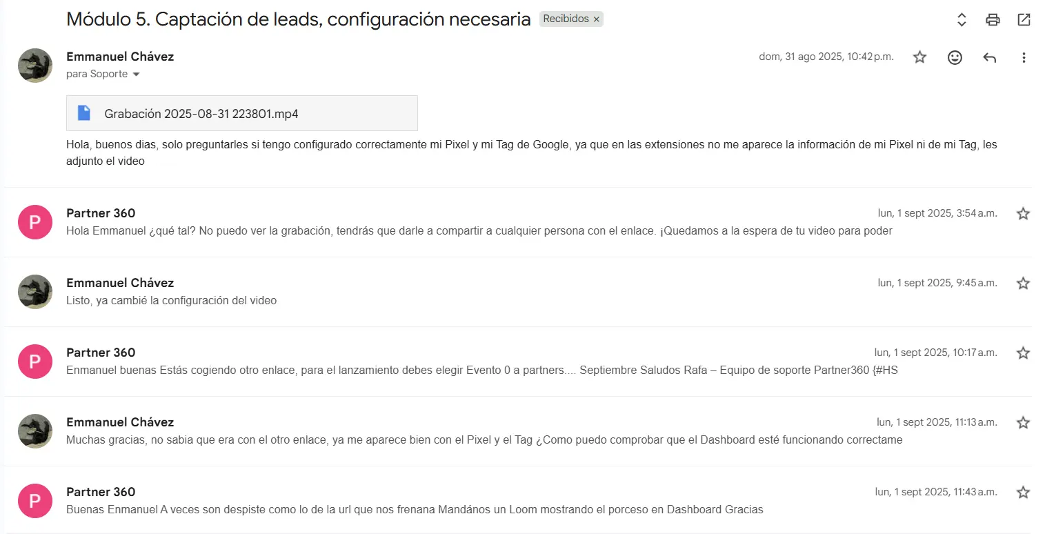 Respuesta del soporte de Partner 360 por correo en menos de 24 horas